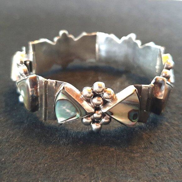 Bold Vintage Mexico Taxco 925 Sterling Silver Abalone Inlaid Statement Bracelet - Picture 7 of 16